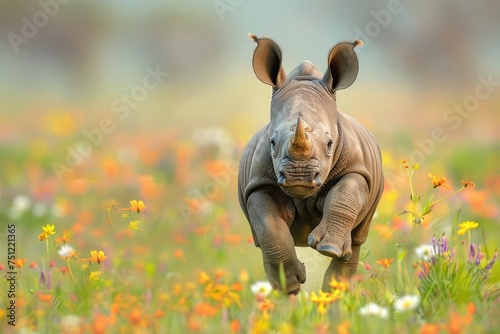 A baby rhino charging playfully in a field of wildflowers