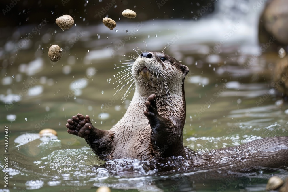 A playful otter floating on its back while juggling pebbles in a serene river A playful otter floating on its back while juggling pebbles in a serene river