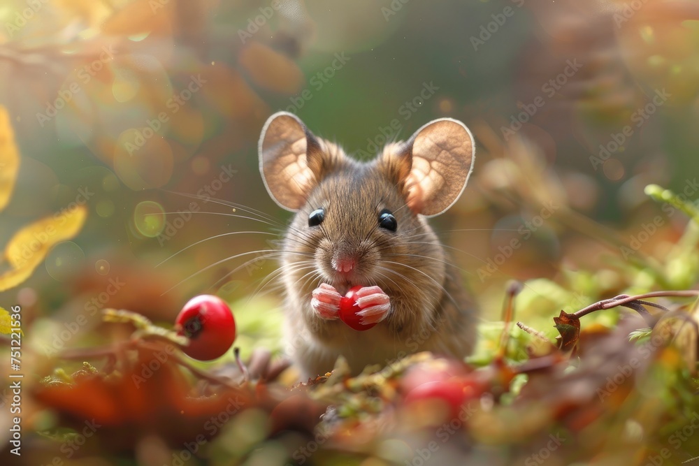 A tiny field mouse with big ears sniffing a red berry in a forest