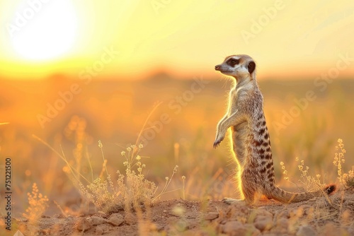 A playful meerkat standing upright to gaze at the sunset in the desert