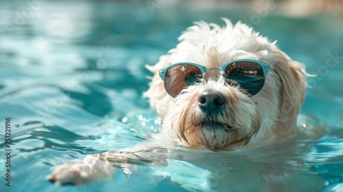  dog wearing sunglasses, floating in a body of water with blue water clearly visible in the water. In clear form. 