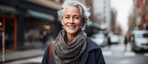 A confident middle-aged woman with grey hair is standing on a city street, wearing a stylish scarf and smiling cheerfully. She exudes a sense of self-assurance as she navigates the urban environment.