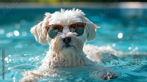 dog wearing sunglasses, floating in a body of water with blue water clearly visible in the water. In clear form. Beauty.  © supachai