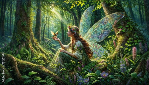 fairy girl  in the forest with a bird. delicate and beautiful . wallpaper design painting style photo