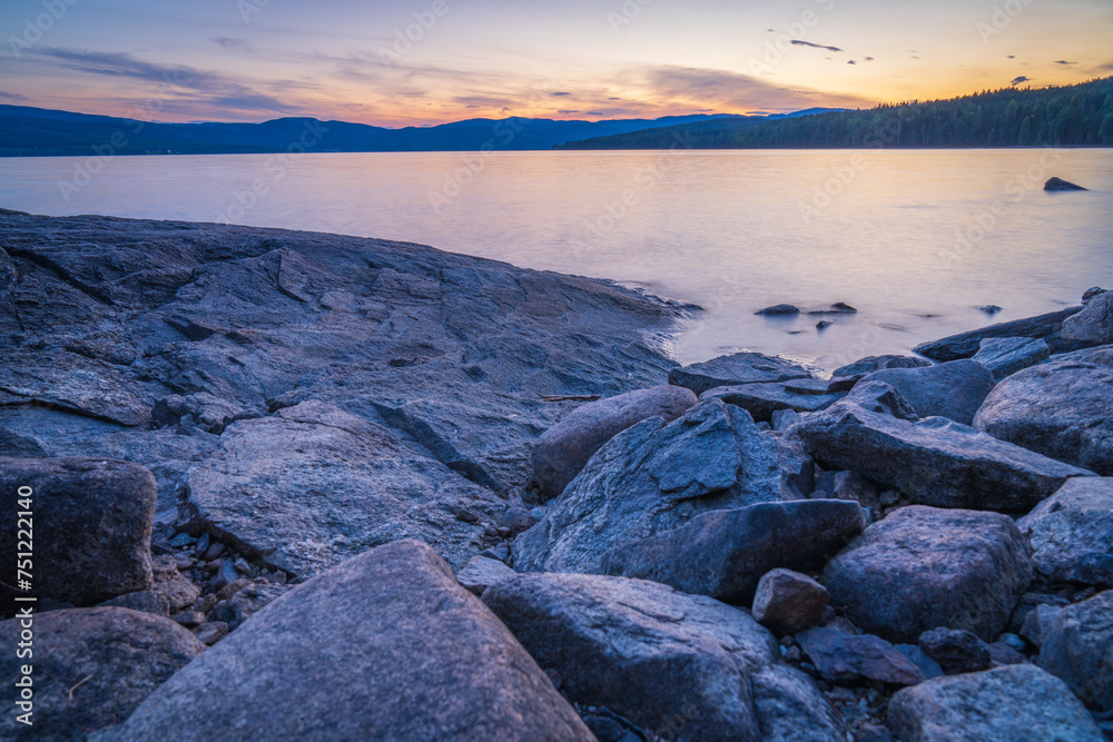 Sunset over Hurdalssjøen, lake in the municipalities of Eidsvoll, Hurdal and Nannestad southwest of Mjøsa, Akershus county.