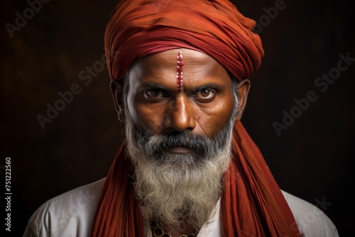 Middle-aged Brahmin man in traditional Indian attire, wearing a dhoti and kurta, with a tilak on his forehead, symbolizing his affiliation with the Brahmin caste photo