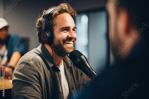 Photography of a podcast guest talking into a microphone, with a blurred host in the background, focusing on the interaction between them