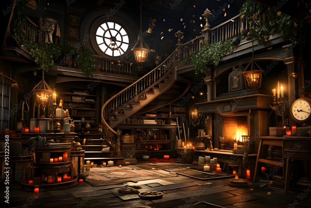 3d rendering of a fantasy house at night with stairs and lights - obrazy, fototapety, plakaty 
