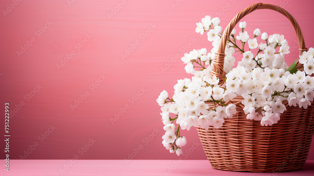 White flowers in wooden basket on pink spring background