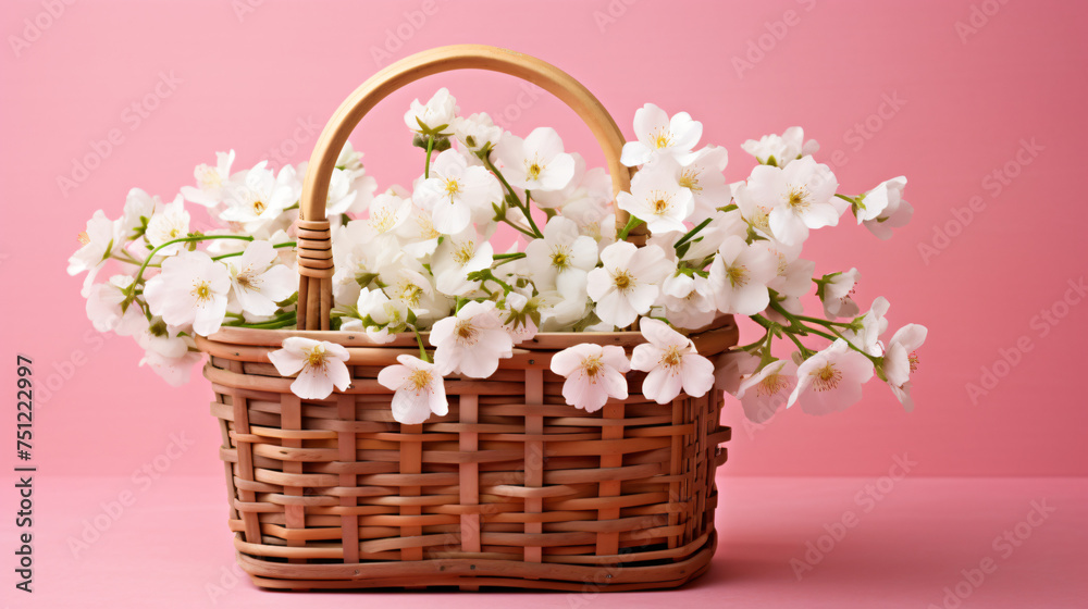 White flowers in wooden basket on pink spring background