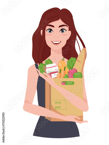 ecological packaging of products, recyclable raw materials. Vector illustration of a paper bag with products in the hands of a girl.