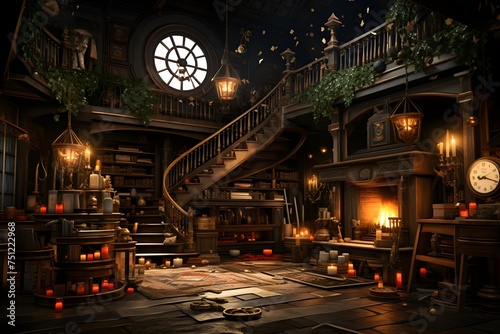 3d rendering of a fantasy house at night with stairs and lights photo