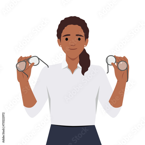 Woman holds glasses and lenses in hands choosing convenient and useful product for eye care. Flat vector illustration isolated on white background
