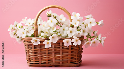 White flowers in wooden basket on pink spring background © Anaya