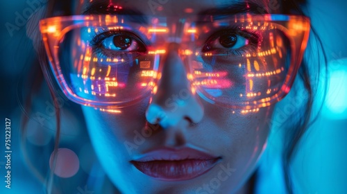 Futuristic Vision Through Augmented Reality Glasses. Photonics lab  light technology leading the next tech revolution