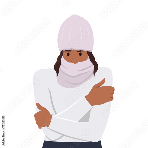 Woman shivering in chilling cold winter season weather. Winter season. Flat vector illustration isolated on white background