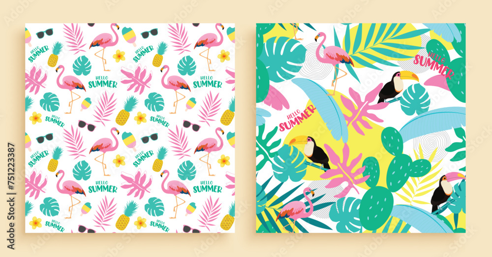 Summer seamless pattern vector poster set. Summer hello greeting with pink flamingo,  toucan bird, cactus and tropical leaves for endless pattern wallpaper background. Vector illustration summer 