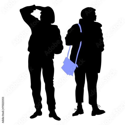 2 female family silhouettes on a white background. A woman with a bag looks to the side, a girl looks from under her arm into the distance, vector illustration, hand, people, person,
