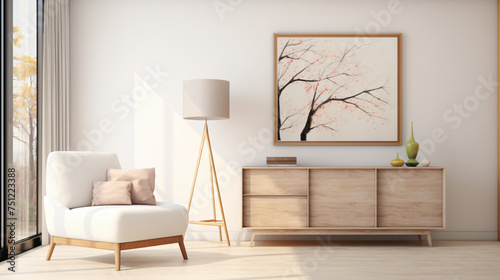 White living room corner with dresser and poster