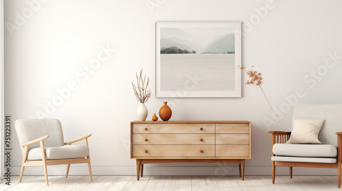 White living room corner with dresser and poster