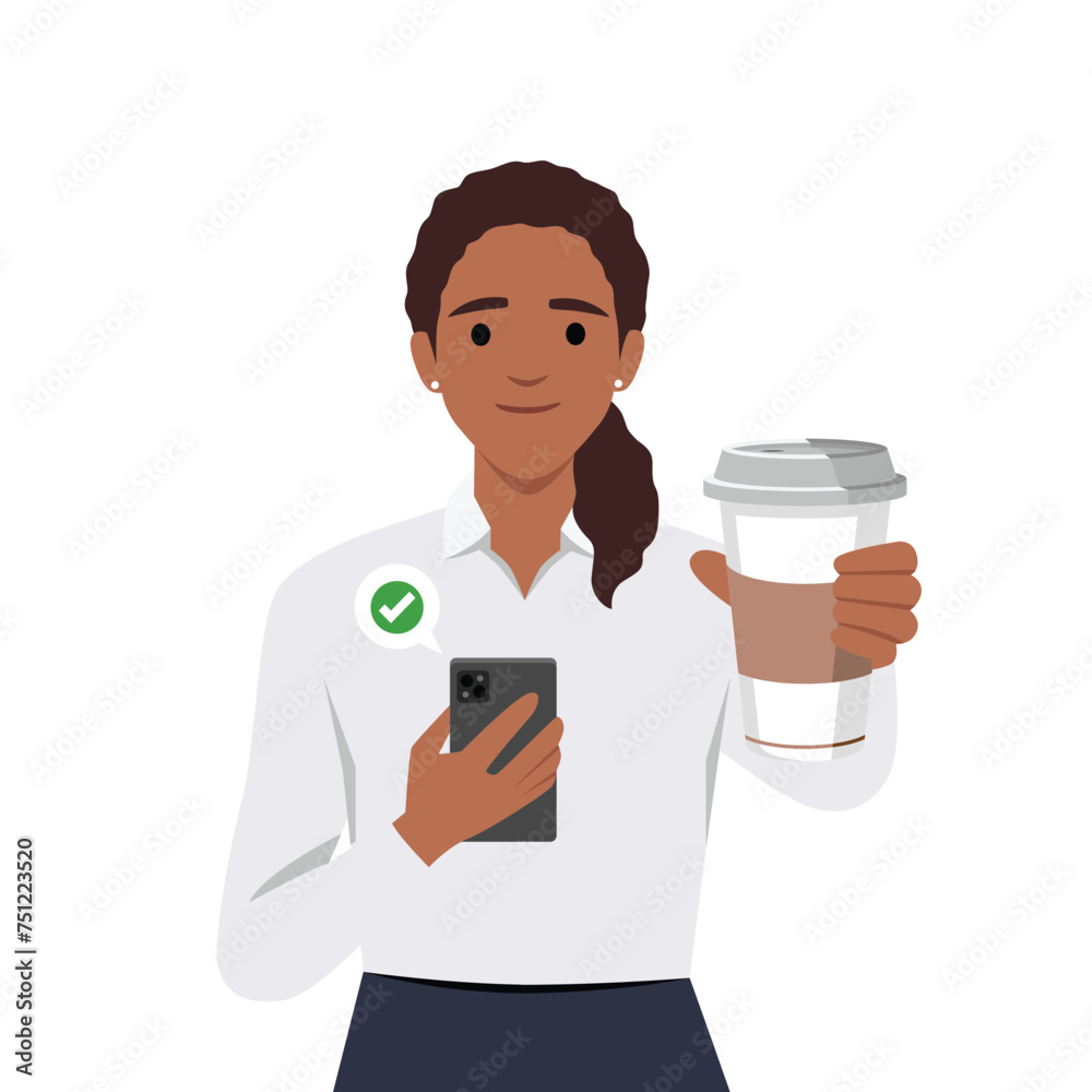 Woman holding phone and coffee take away cup in one hand. Flat vector illustration isolated on white background