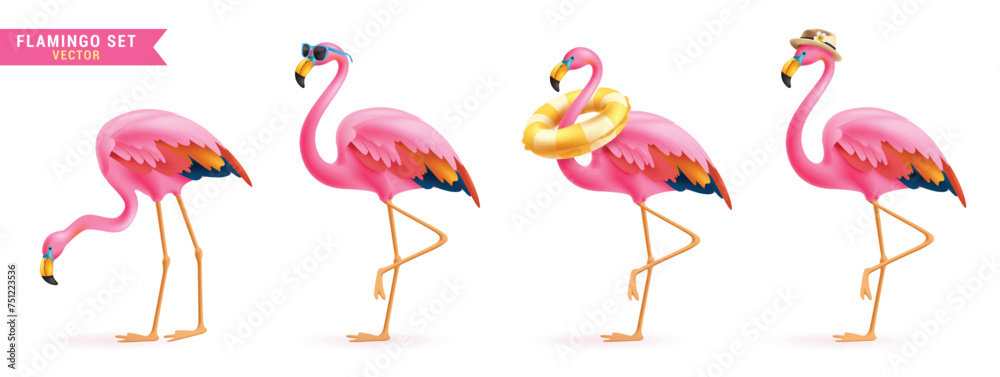 Summer flamingo vector set design. Flamingo bird in pink and colorful feather wearing sunglasses, floaters and hat for tropical season cute animal collection. Vector illustration flamingo bird Summer flamingo vector set design. Flamingo bird in pink and colorful feather wearing sunglasses, floaters and hat for tropical season cute animal collection. Vector illustration flamingo bird