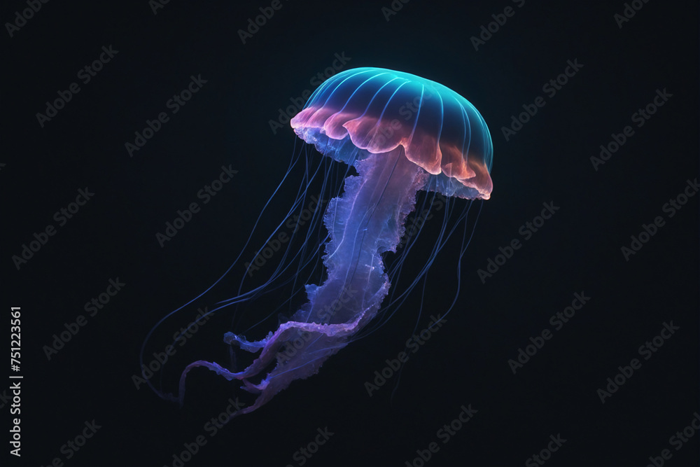 Fototapeta premium A jellyfish drifting through a dark ocean, neon style