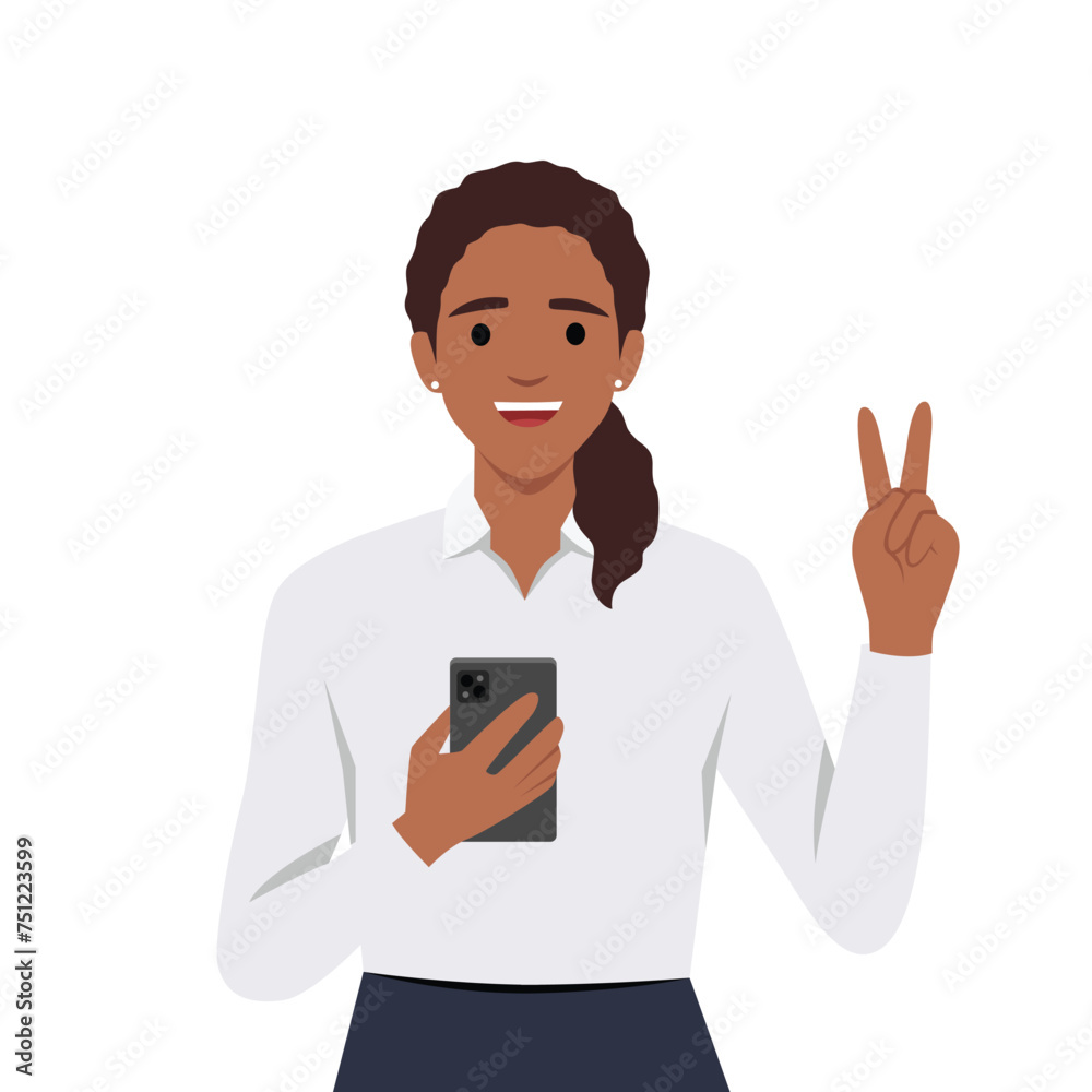 Young woman with phone shows peace sign. Flat vector illustration isolated on white background
