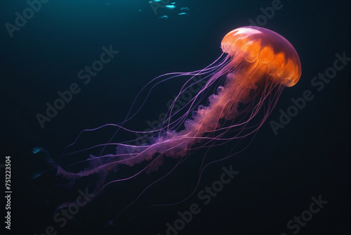 A jellyfish drifting through a dark ocean, neon style © Giuseppe Cammino