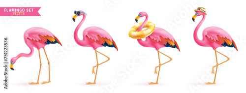 Summer flamingo vector set design. Flamingo bird in pink and colorful feather wearing sunglasses, floaters and hat for tropical season cute animal collection. Vector illustration flamingo bird 