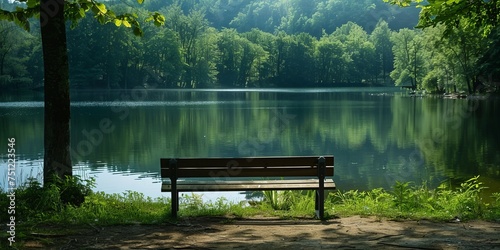 A lone bench overlooking a tranquil lake, leaving space for a meditation or mindfulness message