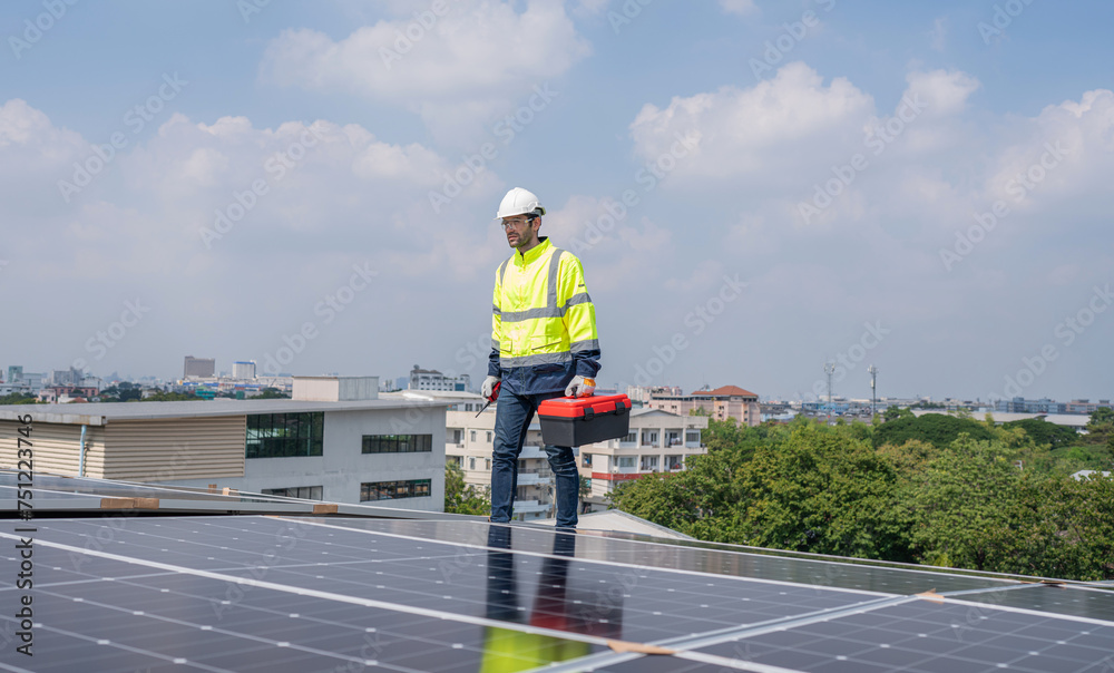 Engineers in helmets installing solar panel system outdoors. Installing a Solar Cell on a Roof. Solar panels on roof. Workers installing solar cell power plant eco technology. Engineers in helmets installing solar panel system outdoors. Installing a Solar Cell on a Roof. Solar panels on roof. Workers installing solar cell power plant eco technology.