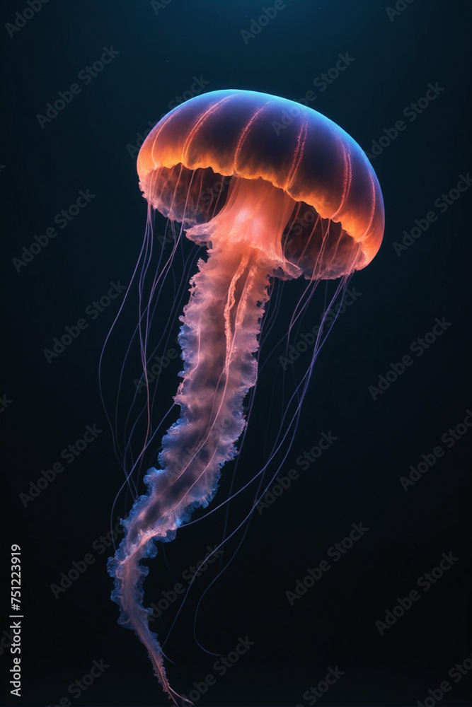 A jellyfish drifting through a dark ocean, neon style A jellyfish drifting through a dark ocean, neon style