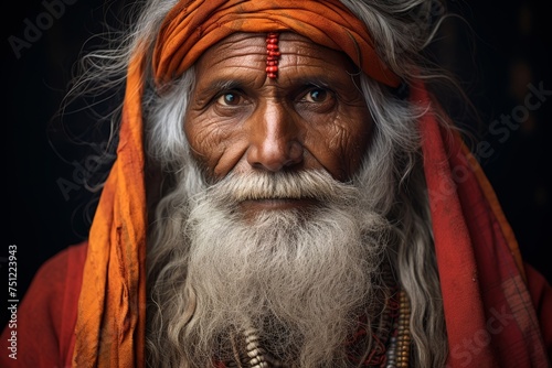 Elderly Shudra man, his serene expression and gentle demeanor revealing a depth of experience and wisdom accumulated over the years, dressed in traditional attire, embodying the qu photo