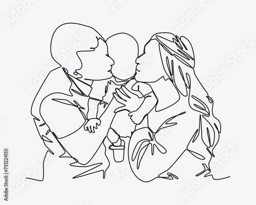 Continuous one line drawing of parents kissing their baby. Editable stroke. Vector illustration.