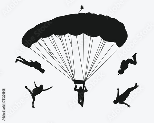 Skydiving set silhouettes. Skydiver, parachute, extreme sport. Different pose, gesture. Isolated background. Vector illustration.