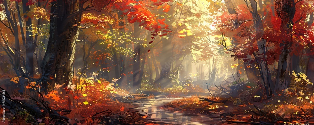 Autumn's Golden Glow A Forest of Reds and Yellows Generative AI