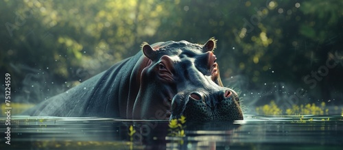 A large hippopotamus is seen gracefully swimming in a body of water, with only its head visible above the surface. The animal appears serene and enjoying a relaxing dip in the refreshing water. © 2rogan