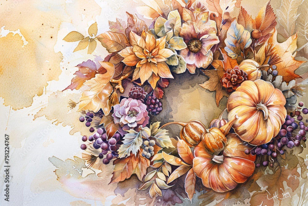 Fall Flower Wreath A Seasonal Blend of Autumn Leaves and Fruit Generative AI