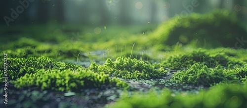 Lush green moss grows abundantly on the forest floor, creating a carpet of vibrant foliage. The moss thrives in the damp, shaded environment of the woodland.