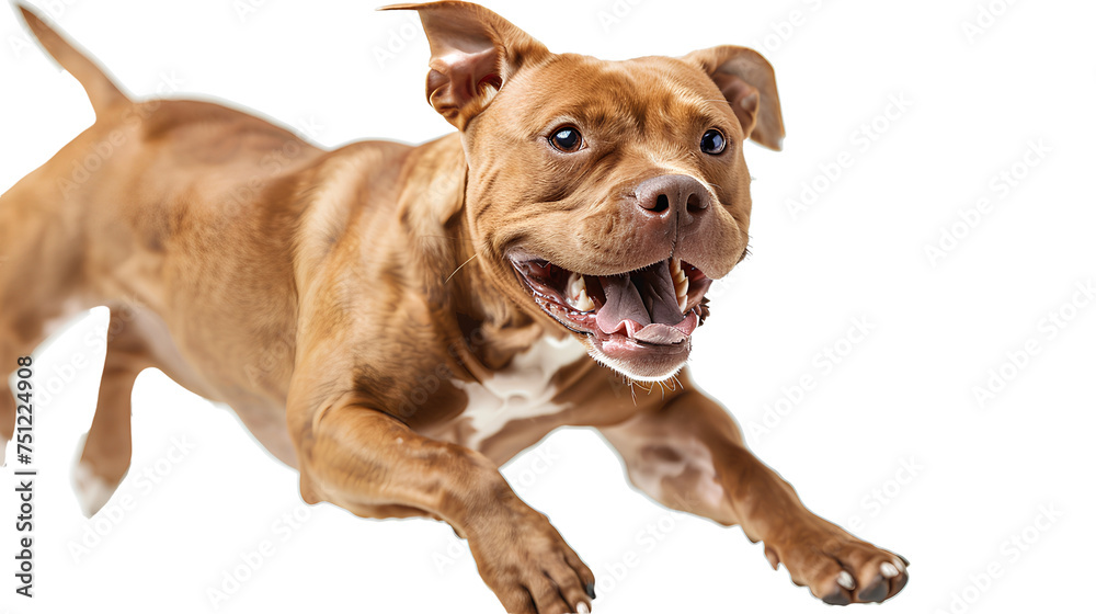Healthy Pitbull dog jumping, isolated on transparent background