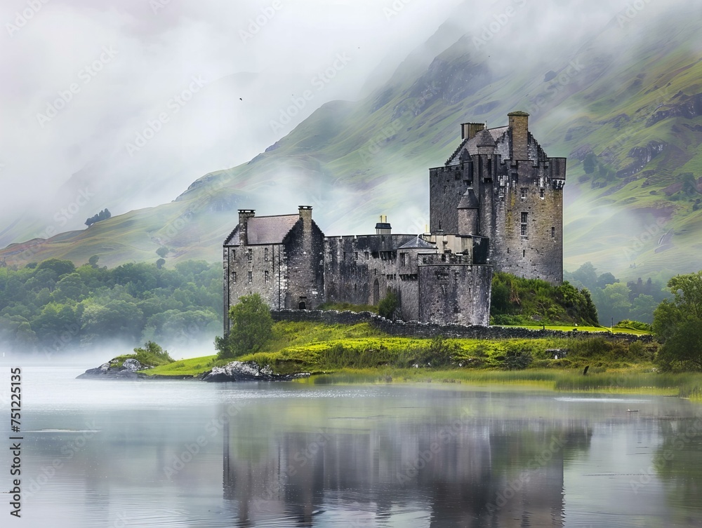 Misty Scottish castles standing tall amidst rolling green hills and lochs, evoking tales of folklore and history Misty Scottish castles standing tall amidst rolling green hills and lochs, evoking tales of folklore and history
