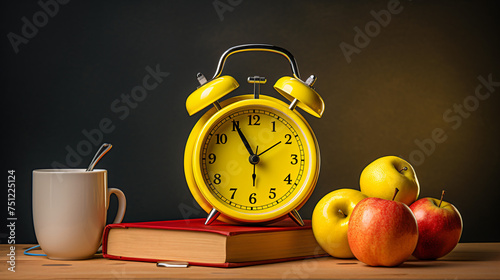 Yellow alarm clock with apple and book