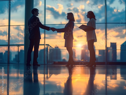 Silhouettes of two business partners shaking hands in an office with a vibrant sunset backdrop.