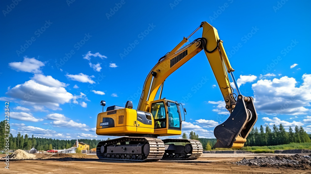 Yellow backhoe with hydraulic piston arm