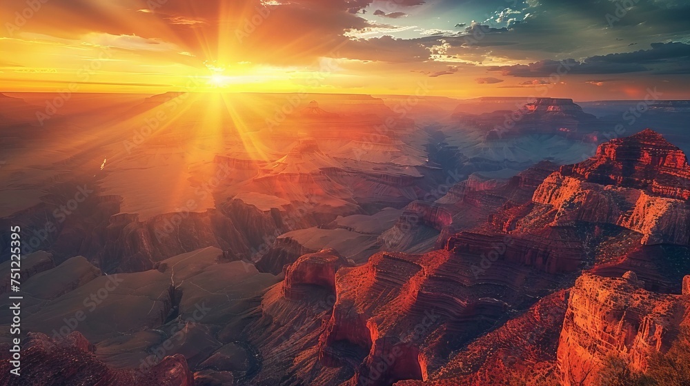 Dawn breaking over the Grand Canyon, with the first rays of sun illuminating the red cliffs - obrazy, fototapety, plakaty 