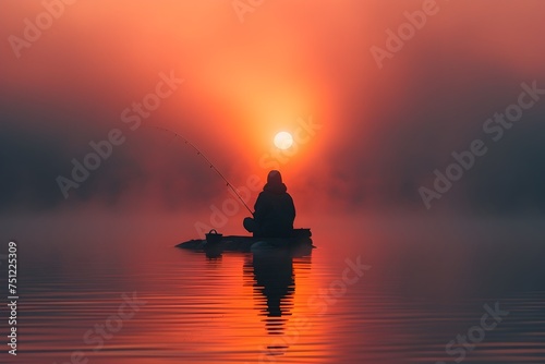 Man Fishing at Misty Sunset Lake