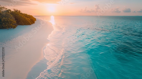 Crystal-clear turquoise waters gently lapping at the white sandy beaches of the Maldives, with a serene sunset in the background