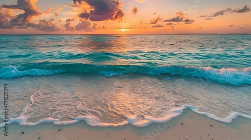 Fototapeta Naklejka Na Ścianę i Meble -  Crystal-clear turquoise waters gently lapping at the white sandy beaches of the Maldives, with a serene sunset in the background