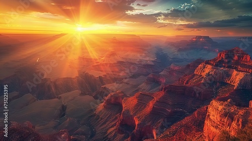 Dawn breaking over the Grand Canyon, with the first rays of sun illuminating the red cliffs